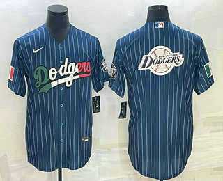 Mens Los Angeles Dodgers Big Logo Navy Blue Pinstripe Stitched Cool Base Nike Jerseys